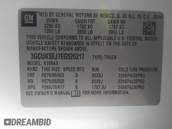 2014 Chevrolet Silverado 1500 LTZ with VIN 3GCUKSEJ7EG526217, listed as a IAAI auction lot 42214663 with 232,805 mi miles and . Bid and sale history available at DreamBid. Image 9.