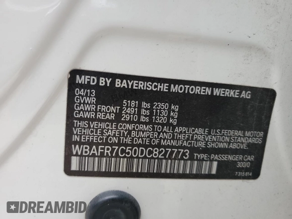 2013 BMW 5 Series 535i with VIN WBAFR7C50DC827773, listed as a Copart auction lot 47591385 with 132,510 mi miles and Salvage Title. Bid and sale history available at DreamBid. Image 12.