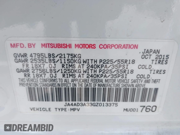 2016 Mitsubishi Outlander SE with VIN JA4AD3A33GZ013375, listed as a IAAI auction lot 42515722 with 106,804 mi miles and . Bid and sale history available at DreamBid. Image 9.