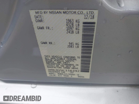 2019 Nissan Altima 2.5 SL with VIN 1N4BL4EV5KC156392, listed as a IAAI auction lot 41515531 with 164,644 mi miles. Bid and sale history available at carsss.com. Image 9.