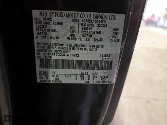 2003 Ford F-150 XL с VIN 2FTRF17223CA11632, выставлен на аукционе Copart как лот 84351334 с пробегом 110 200 миль миль и Списание • Salvage title. История ставок и продаж доступна на DreamBid. Изображение 12.