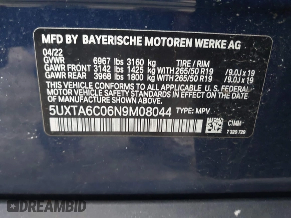 2022 BMW X5 xDrive45e with VIN 5UXTA6C06N9M08044, listed as a IAAI auction lot 42178453 with Not provided miles and . Bid and sale history available at DreamBid. Image 9.