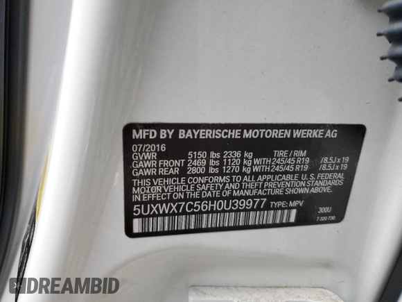 2017 BMW X3 xDrive35i with VIN 5UXWX7C56H0U39977, listed as a Copart auction lot 41337845 with 119,286 mi miles and Salvage Title. Bid and sale history available at DreamBid. Image 16.