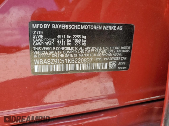 2019 BMW 3 Series 330i xDrive with VIN WBA8Z9C51KB220837, listed as a Copart auction lot 47206204 with 60,008 mi miles and . Bid and sale history available at carsss.com. Image 13.