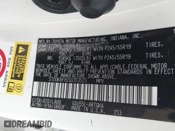 2016 Toyota Highlander Limited with VIN 5TDDKRFH2GS353523, listed as a IAAI auction lot 42440458 with 149,977 mi miles and . Bid and sale history available at DreamBid. Image 9.