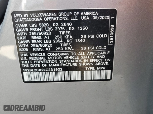 2020 Volkswagen Atlas SE z VIN 1V26E2CA2LC231902, wystawiony jako Copart lot #51869695 z przebiegiem 80 233 mil mil oraz Szkoda całkowita • Salvage title. Historia ofert i sprzedaży dostępna na DreamBid. Obrazek 13.