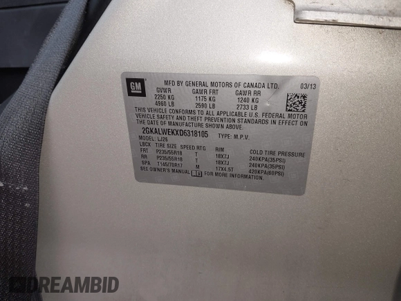 2013 GMC Terrain SLT with VIN 2GKALWEKXD6318105, listed as a IAAI auction lot 42619362 with 70,754 mi miles and . Bid and sale history available at DreamBid. Image 9.