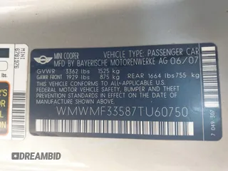 2007 MINI Hardtop with VIN WMWMF33587TU60750, listed as a IAAI auction lot 40640995 with Not Provided miles and . Bid and sale history available at DreamBid. Image 9.