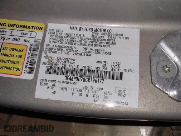 2016 Ford Fusion SE with VIN 3FA6P0H78GR196177, listed as a IAAI auction lot 41844307 with 116,424 mi miles and . Bid and sale history available at DreamBid. Image 9.
