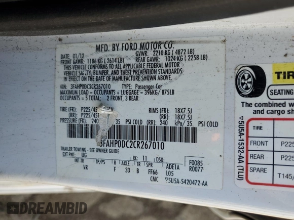 2012 Ford Fusion SPORT with VIN 3FAHP0DC2CR267010, listed as a Copart auction lot 54104375 with 205,467 mi miles and Clean Title. Bid and sale history available at carsss.com. Image 12.