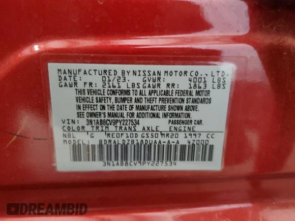2023 Nissan Sentra SV with VIN 3N1AB8CV9PY227534, listed as a Copart auction lot 48964295 with 42,823 mi miles and Clean Title. Bid and sale history available at carsss.com. Image 12.
