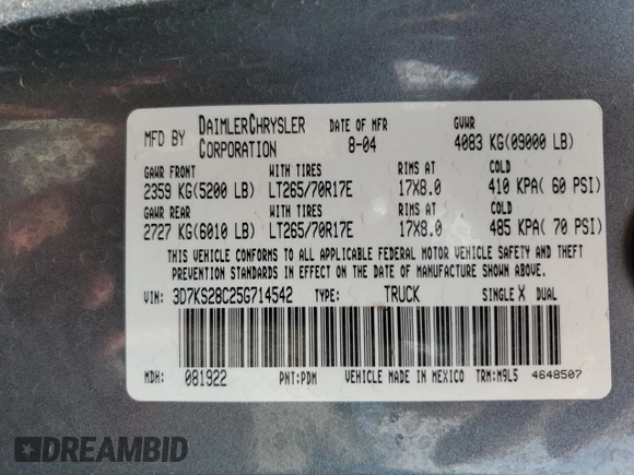 2005 Dodge 2500 SLT with VIN 3D7KS28C25G714542, listed as a Copart auction lot 52903555 with 139,728 mi miles and Salvage Title. Bid and sale history available at DreamBid. Image 12.