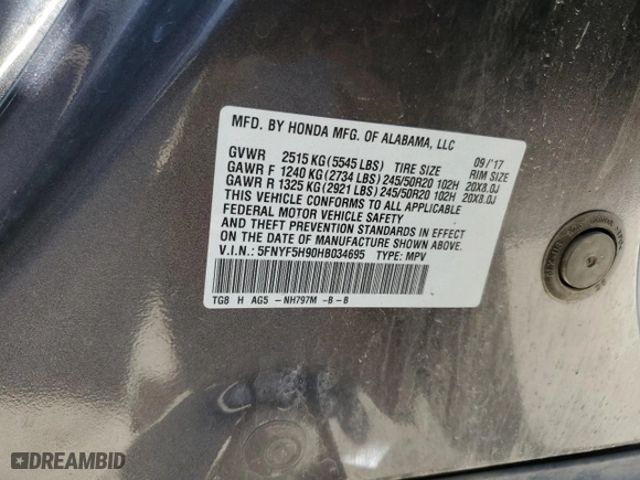 2017 Honda Pilot Touring with VIN 5FNYF5H90HB034695, listed as a Copart auction lot 47436875 with 139,924 mi miles and Salvage Title. Bid and sale history available at carsss.com. Image 15.