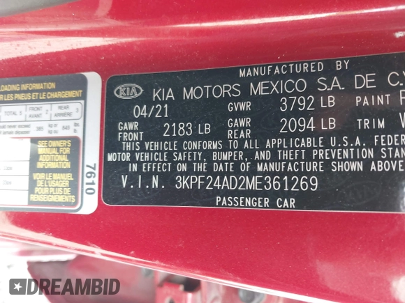2021 Kia Forte LXS z VIN 3KPF24AD2ME361269, wystawiony jako IAAI lot #42031744 z przebiegiem 100 000 mil mil oraz . Historia ofert i sprzedaży dostępna na DreamBid. Obrazek 9.