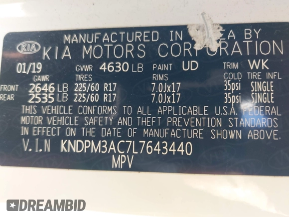 2020 Kia Sportage LX with VIN KNDPM3AC7L7643440, listed as a IAAI auction lot 41960904 with 102,165 mi miles. Bid and sale history available at carsss.com. Image 9.