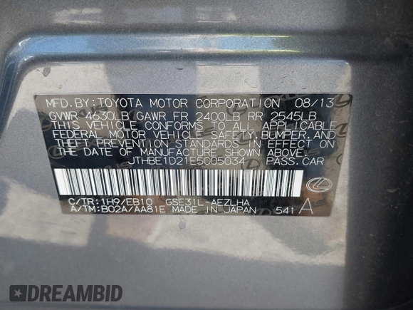 2014 Lexus IS 350 with VIN JTHBE1D21E5005034, listed as a IAAI auction lot 41674483 with 110,456 mi miles. Bid and sale history available at carsss.com. Image 9.