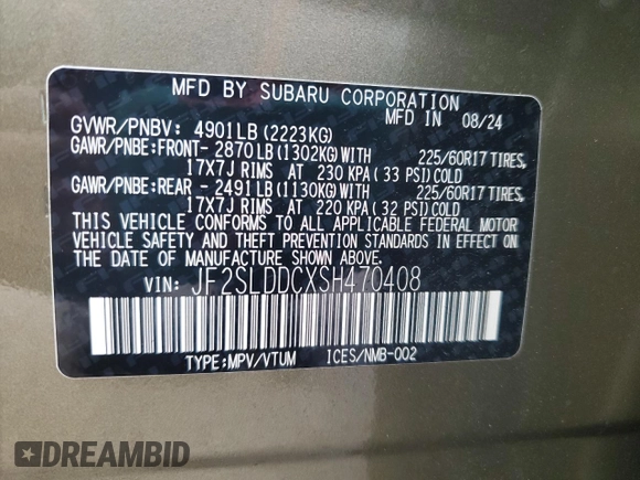 2025 Subaru Forester Premium with VIN JF2SLDDCXSH470408, listed as a Copart auction lot 60050645 with 2,605 mi miles and Salvage title. Bid and sale history available at DreamBid. Image 13.