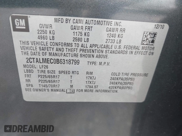 2011 GMC Terrain SLE-1 with VIN 2CTALMEC0B6318799, listed as a IAAI auction lot 42632076 with 124,677 mi miles and . Bid and sale history available at DreamBid. Image 9.