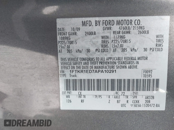 2010 Ford Ranger XL with VIN 1FTKR1ED7APA10291, listed as a IAAI auction lot 41507714 with 237,811 mi miles and . Bid and sale history available at DreamBid. Image 9.