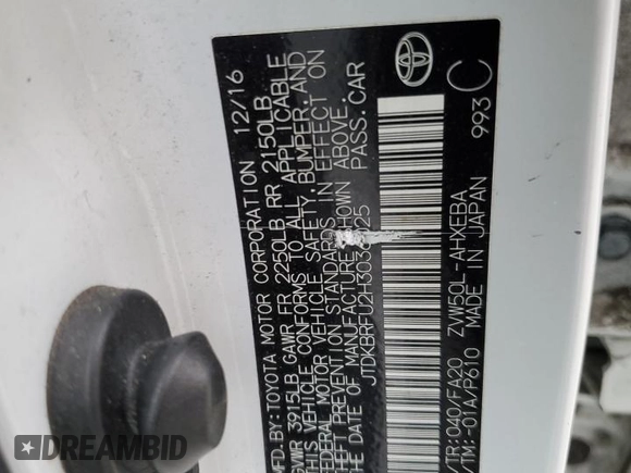 2017 Toyota Prius Two with VIN JTDKBRFU2H3036025, listed as a Copart auction lot 46080935 with 95,290 mi miles and Salvage Title. Bid and sale history available at carsss.com. Image 12.