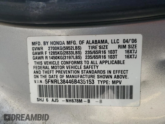 2006 Honda Odyssey EX с VIN 5FNRL38446B435153, выставлен на аукционе Copart как лот 48957765 с пробегом 171 478 миль миль и Списание • Salvage title. История ставок и продаж доступна на DreamBid. Изображение 13.