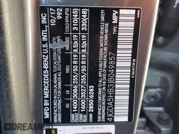 2018 Mercedes-Benz GLE 350 with VIN 4JGDA5HB3JB049857, listed as a Copart auction lot 54097045 with 79,067 mi miles and Salvage title. Bid and sale history available at DreamBid. Image 14.
