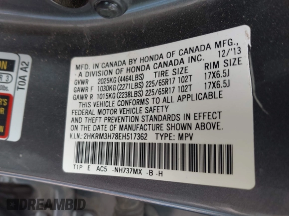 2014 Honda CR-V EX-L with VIN 2HKRM3H78EH517362, listed as a IAAI auction lot 42045600 with 109,605 mi miles and . Bid and sale history available at carsss.com. Image 9.
