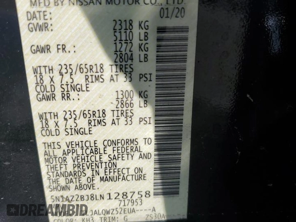 2020 Nissan Murano SV z VIN 5N1AZ2BJ8LN128758, wystawiony jako Copart lot #51385265 z przebiegiem 98 190 mil mil oraz Nie do naprawy • Non repairable. Historia ofert i sprzedaży dostępna na DreamBid. Obrazek 14.