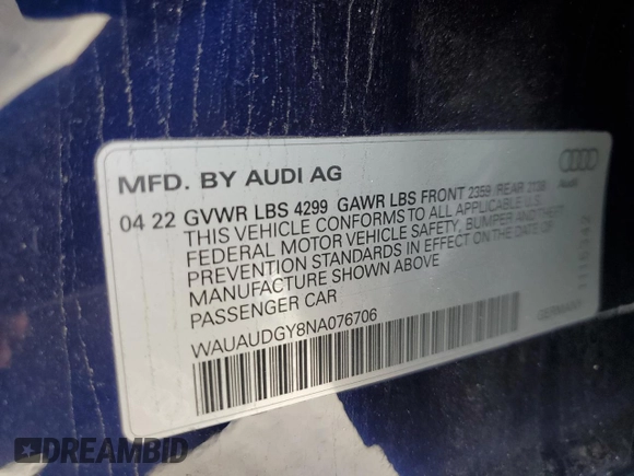 2022 Audi A3 Premium with VIN WAUAUDGY8NA076706, listed as a Copart auction lot 82252353 with 3,031 mi miles. Bid and sale history available at carsss.com. Image 14.