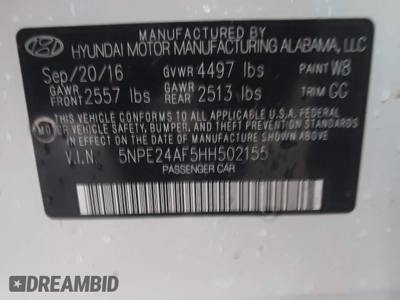 2017 Hyundai Sonata 2.4L with VIN 5NPE24AF5HH502155, listed as a IAAI auction lot 41955194 with 155,400 mi miles and . Bid and sale history available at carsss.com. Image 9.