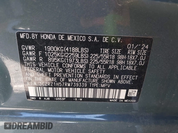 2024 Honda HR-V Sport with VIN 3CZRZ1H57RM739339, listed as a IAAI auction lot 40757746 with 15,687 mi miles. Bid and sale history available at carsss.com. Image 9.