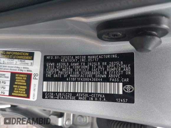 2017 Toyota Camry XLE z VIN 4T1BF1FK0HU436644, wystawiony jako IAAI lot #42134920 z przebiegiem 136 917 mil mil oraz . Historia ofert i sprzedaży dostępna na DreamBid. Obrazek 9.