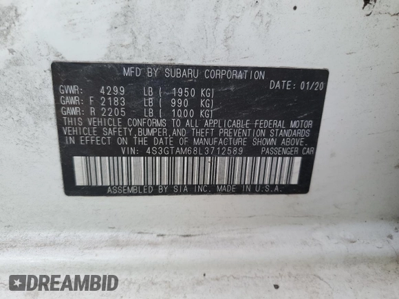 2020 Subaru Impreza Special Sports with VIN 4S3GTAM68L3712589, listed as a Copart auction lot 82433234 with 55,308 mi miles and Salvage title. Bid and sale history available at DreamBid. Image 12.