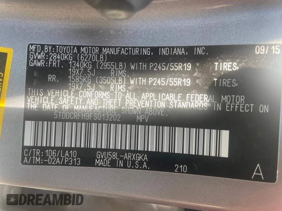 2015 Toyota Highlander Hybrid Limited with VIN 5TDDCRFH9FS013202, listed as a Copart auction lot 67056274 with 135,936 mi miles and Salvage Title. Bid and sale history available at carsss.com. Image 8.