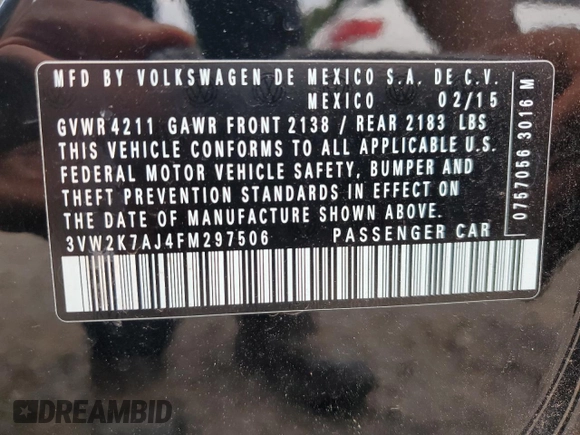 2015 Volkswagen Jetta S with VIN 3VW2K7AJ4FM297506, listed as a Copart auction lot 60354505 with 80,615 mi miles and Salvage title. Bid and sale history available at DreamBid. Image 12.