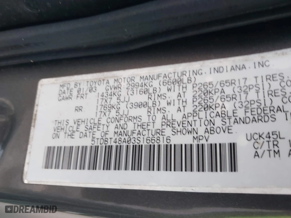 2003 Toyota Sequoia Limited with VIN 5TDBT48A03S166816, listed as a IAAI auction lot 41519203 with 269,229 mi miles. Bid and sale history available at carsss.com. Image 9.
