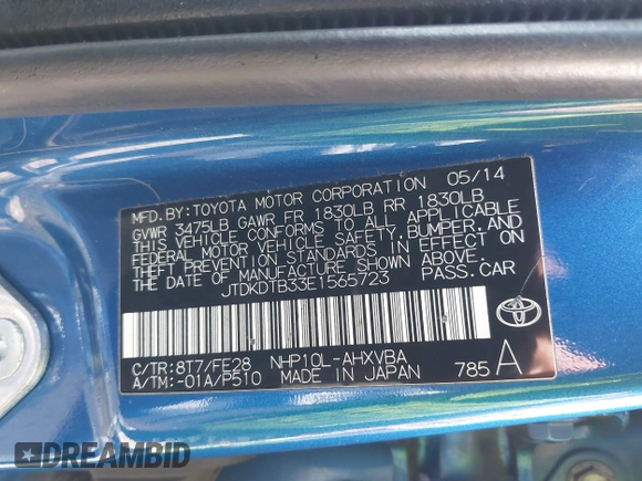 2014 Toyota Prius One with VIN JTDKDTB33E1565723, listed as a IAAI auction lot 42070826 with 145,811 mi miles and . Bid and sale history available at DreamBid. Image 9.