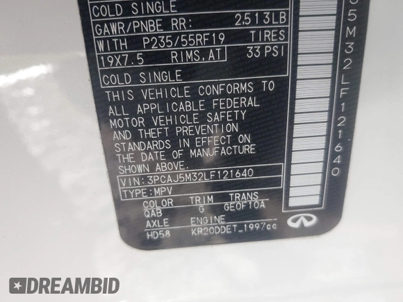 2020 Infiniti QX50 Luxe z VIN 3PCAJ5M32LF121640, wystawiony jako IAAI lot #41311716 z przebiegiem 43 813 mil mil oraz . Historia ofert i sprzedaży dostępna na DreamBid. Obrazek 9.