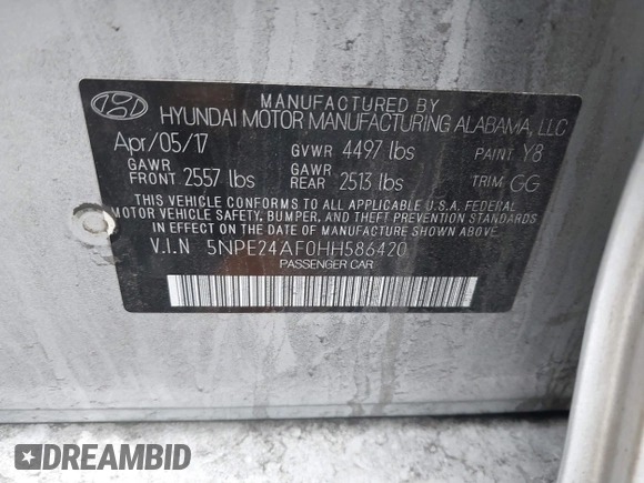 2017 Hyundai Sonata 2.4L with VIN 5NPE24AF0HH586420, listed as a IAAI auction lot 41138272 with 105,590 mi miles and . Bid and sale history available at DreamBid. Image 9.