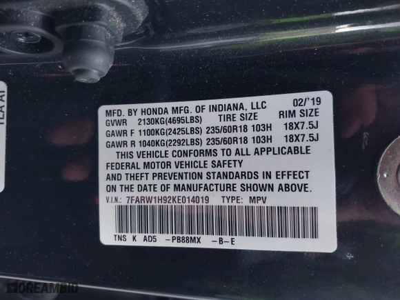 2019 Honda CR-V Touring with VIN 7FARW1H92KE014019, listed as a IAAI auction lot 41691555 with 32,635 mi miles. Bid and sale history available at carsss.com. Image 9.