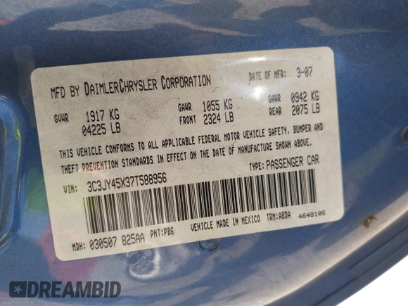 2007 Chrysler PT Cruiser with VIN 3C3JY45X37T588956, listed as a IAAI auction lot 41733141 with 119,613 mi miles. Bid and sale history available at carsss.com. Image 9.