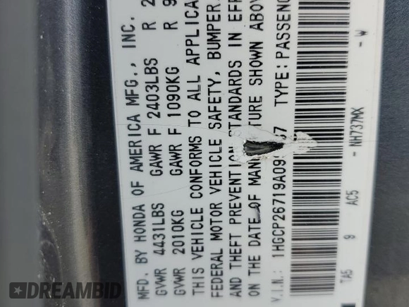 2009 Honda Accord EX z VIN 1HGCP26719A099087, wystawiony jako Copart lot #55932345 z przebiegiem 218 169 mil mil oraz Szkoda całkowita • Salvage title. Historia ofert i sprzedaży dostępna na DreamBid. Obrazek 12.