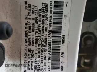2006 Honda Civic LX z VIN 1HGFA16556L113760, wystawiony jako Copart lot #58132265 z przebiegiem 193 592 mil mil oraz Szkoda całkowita • Salvage title. Historia ofert i sprzedaży dostępna na DreamBid. Obrazek 12.