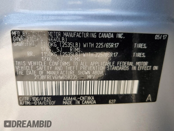 2017 Toyota RAV4 LE with VIN 2T3BFREV6HW658235, listed as a Copart auction lot 63409005 with 62,303 mi miles and Salvage title. Bid and sale history available at DreamBid. Image 13.