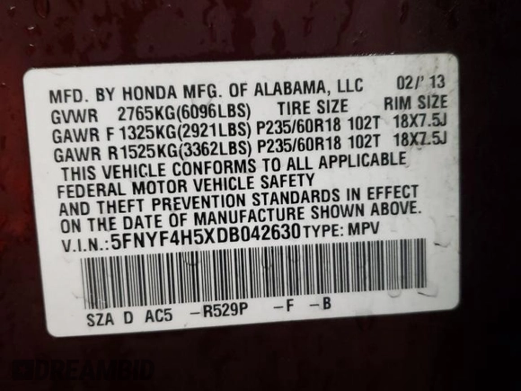 2013 Honda Pilot EX-L with VIN 5FNYF4H5XDB042630, listed as a Copart auction lot 46107285 with 178,504 mi miles and Salvage Title. Bid and sale history available at carsss.com. Image 13.