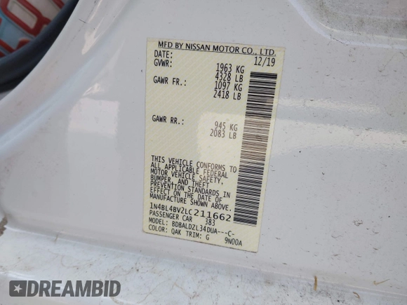 2020 Nissan Altima S with VIN 1N4BL4BV2LC211662, listed as a IAAI auction lot 41894473 with 136,863 mi miles and . Bid and sale history available at DreamBid. Image 9.