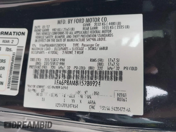 2017 Ford Mustang V6 with VIN 1FA6P8AM8H5280924, listed as a IAAI auction lot 41938096 with 167,622 mi miles and . Bid and sale history available at DreamBid. Image 9.