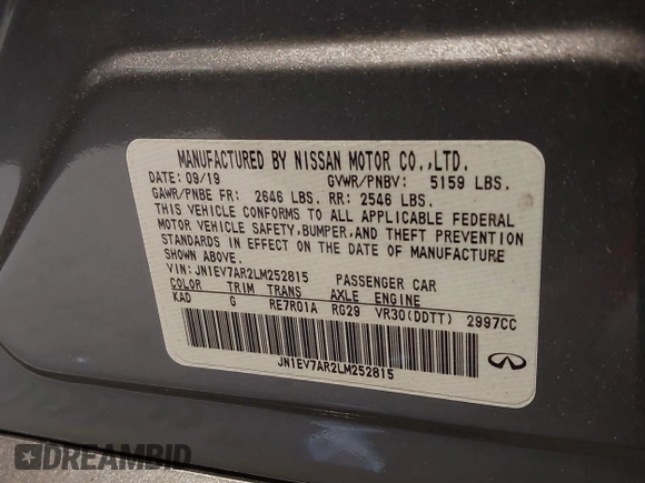2020 Infiniti Q50 3.0t SPORT with VIN JN1EV7AR2LM252815, listed as a IAAI auction lot 41251310 with 48,117 mi miles. Bid and sale history available at carsss.com. Image 9.