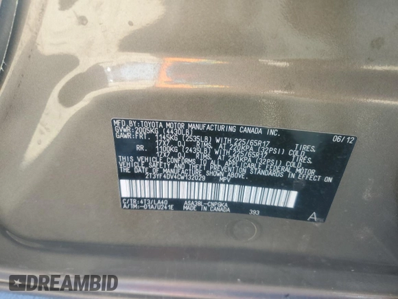 2012 Toyota RAV4 Limited with VIN 2T3YF4DV4CW132029, listed as a Copart auction lot 44824615 with 85,436 mi miles and Clean Title. Bid and sale history available at carsss.com. Image 13.