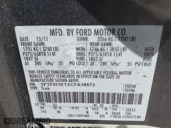 2012 Ford F-150 XL с VIN 1FTFW1ETXCFA18573, выставлен на аукционе IAAI как лот 42336169 с пробегом 180 133 миль миль и . История ставок и продаж доступна на DreamBid. Изображение 9.